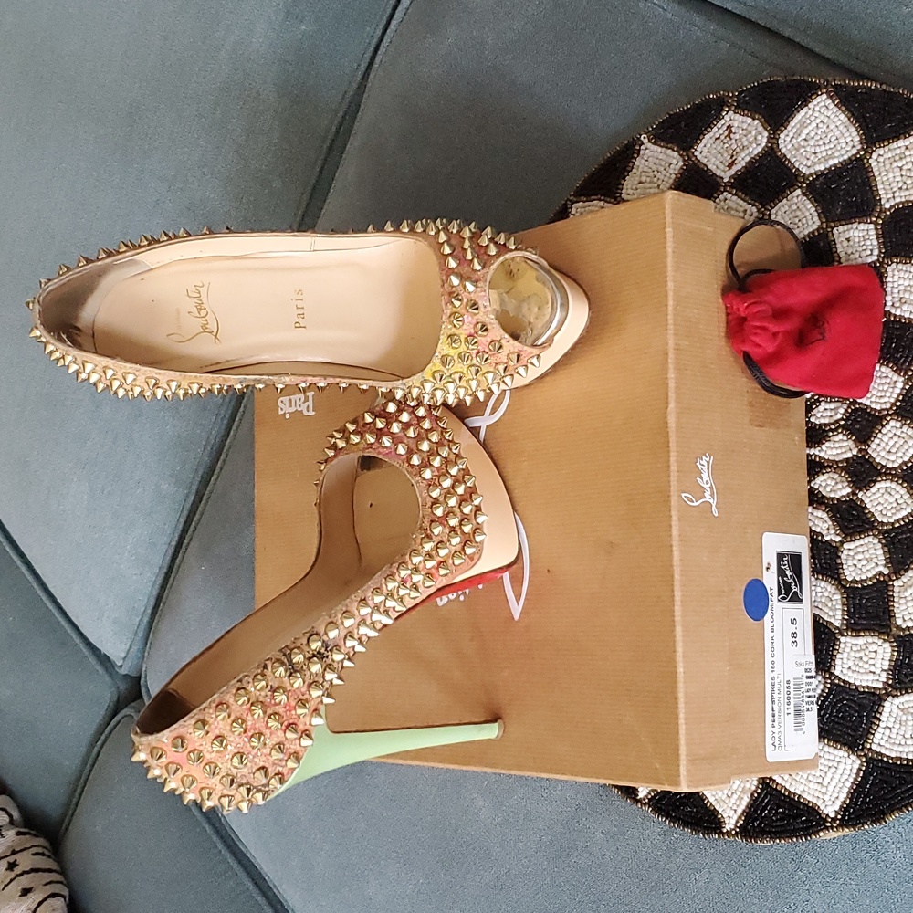 Christian Louboutin Metallic Spike Lady Peep 38.5/ US 8 Cork Multicolor